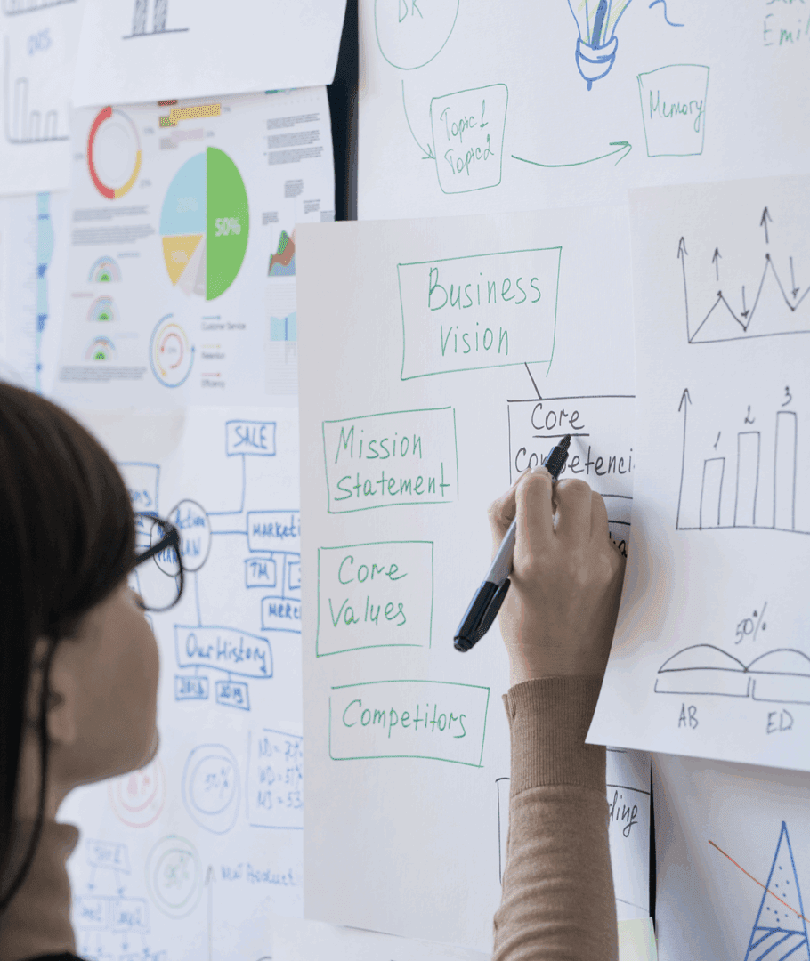 Planning session with charts and diagrams